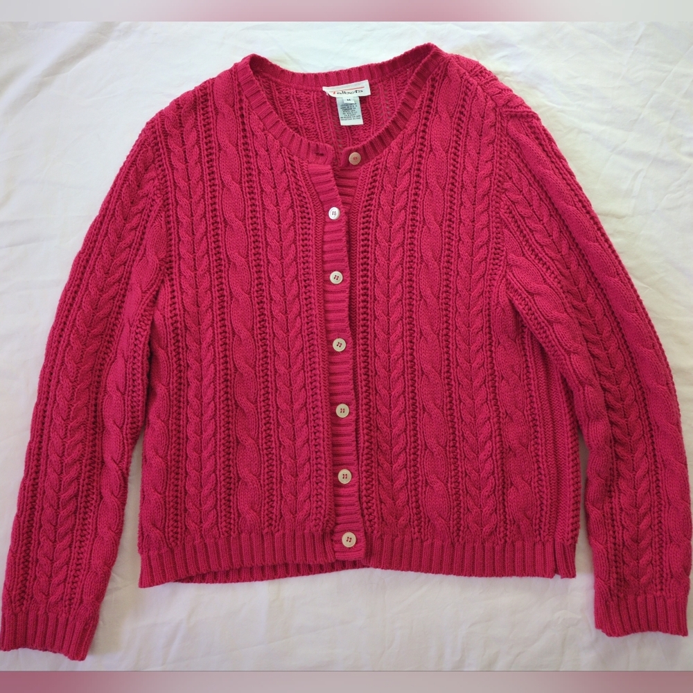 Vintage Talbot's Chunky Cable Knit Cardigan Pink Red Medium Large FLAWS